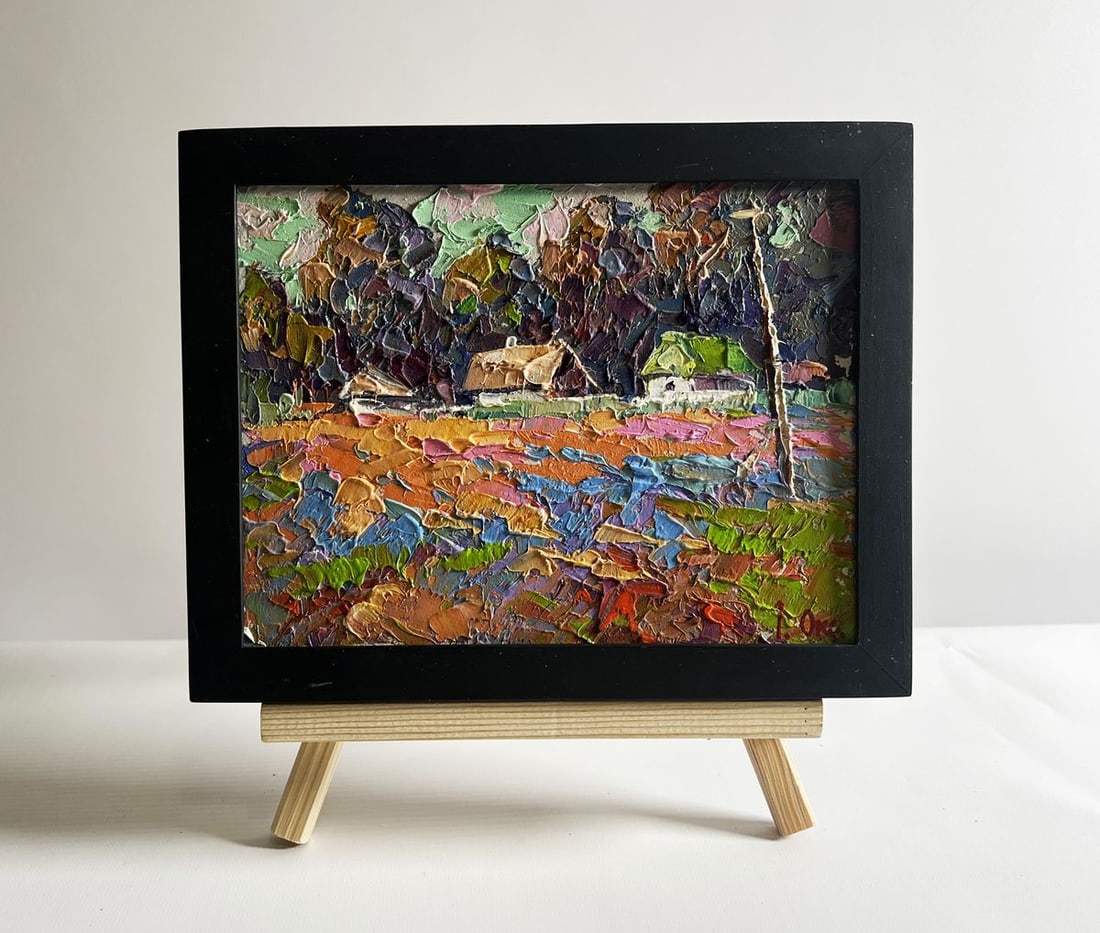 Oil painting Colourful fields and village Oksana Kalenyuk: Title : Oil painting Colourful fields and village Oksana Kalenyuk Description: No.AAA4111This oil painting cardboard, titled "Colourful fields and village", the painting presents a vibrant depiction