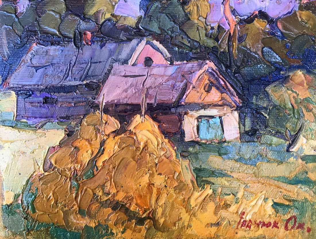 Oil painting In the courtyard Kalenyuk Oksana: Title : Oil painting In the courtyard Kalenyuk Oksana Description: No.AAA3066"In the Courtyard" is a breathtaking oil painting that transports the viewer to a serene and idyllic countryside setting. T