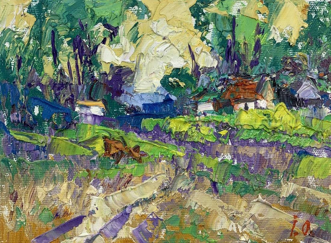 Oil painting Edge of the village Kalenyuk Alex: Title : Oil painting Edge of the village Kalenyuk Alex Description: No.AAA3091The oil painting "Edge of the Village" is an impressionistic portrayal of a rustic landscape, likely capturing the outskir