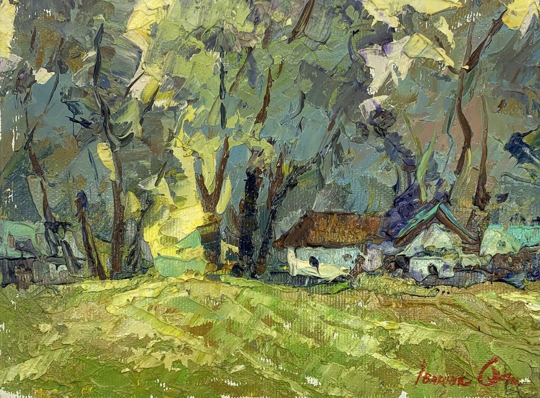 Oil painting Edge of the village Kalenyuk Alex: Title : Oil painting Edge of the village Kalenyuk Alex Description: No.AAA3115The oil painting "Edge of the Village" portrays a rustic, pastoral scene filled with vitality and texture. The artist's te
