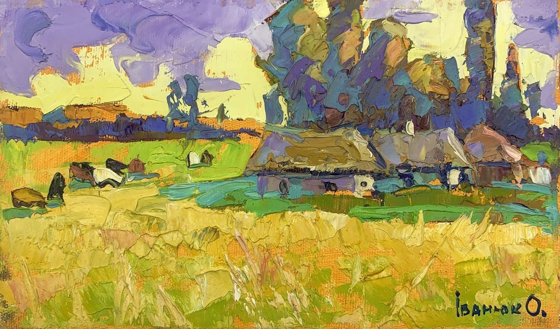 Oil painting Edge of the village Kalenyuk Oksana: Title : Oil painting Edge of the village Kalenyuk Oksana Description: No.AAA3133The oil painting "Edge of the Village" captures a rural landscape scene with a rich tapestry of colors and textures, lik