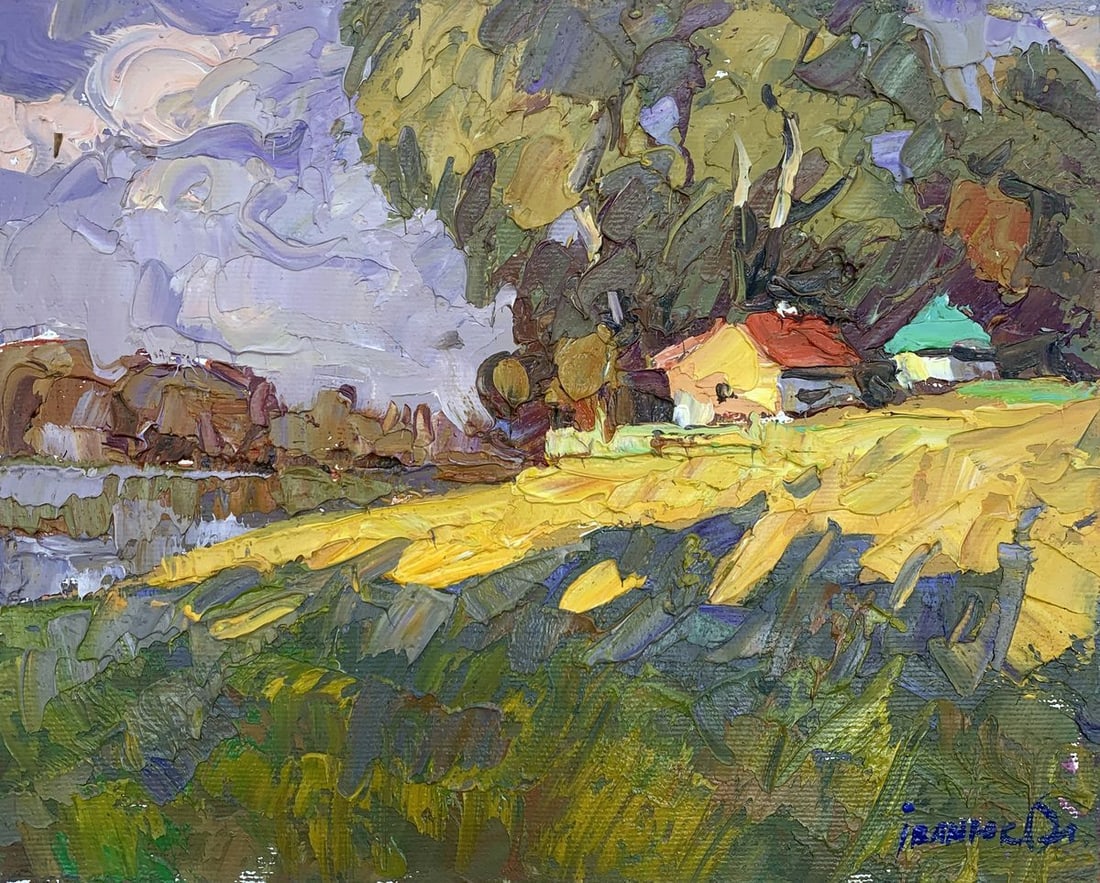 Oil painting Edge of the village Kalenyuk Alex: Title : Oil painting Edge of the village Kalenyuk Alex Description: No.AAA3145The oil painting "Edge of the Village" is a vibrant and textured portrayal of a landscape on the outskirts of a rural sett