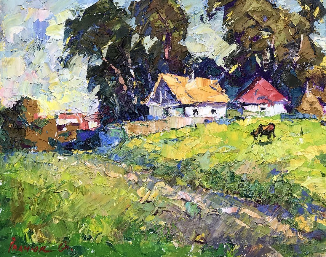 Oil painting Edge of the village Kalenyuk Alex: Title : Oil painting Edge of the village Kalenyuk Alex Description: No.Kalen 1089"Edge of the Village" is an exquisite oil painting that captures the serene beauty of a rustic landscape. The artwork s