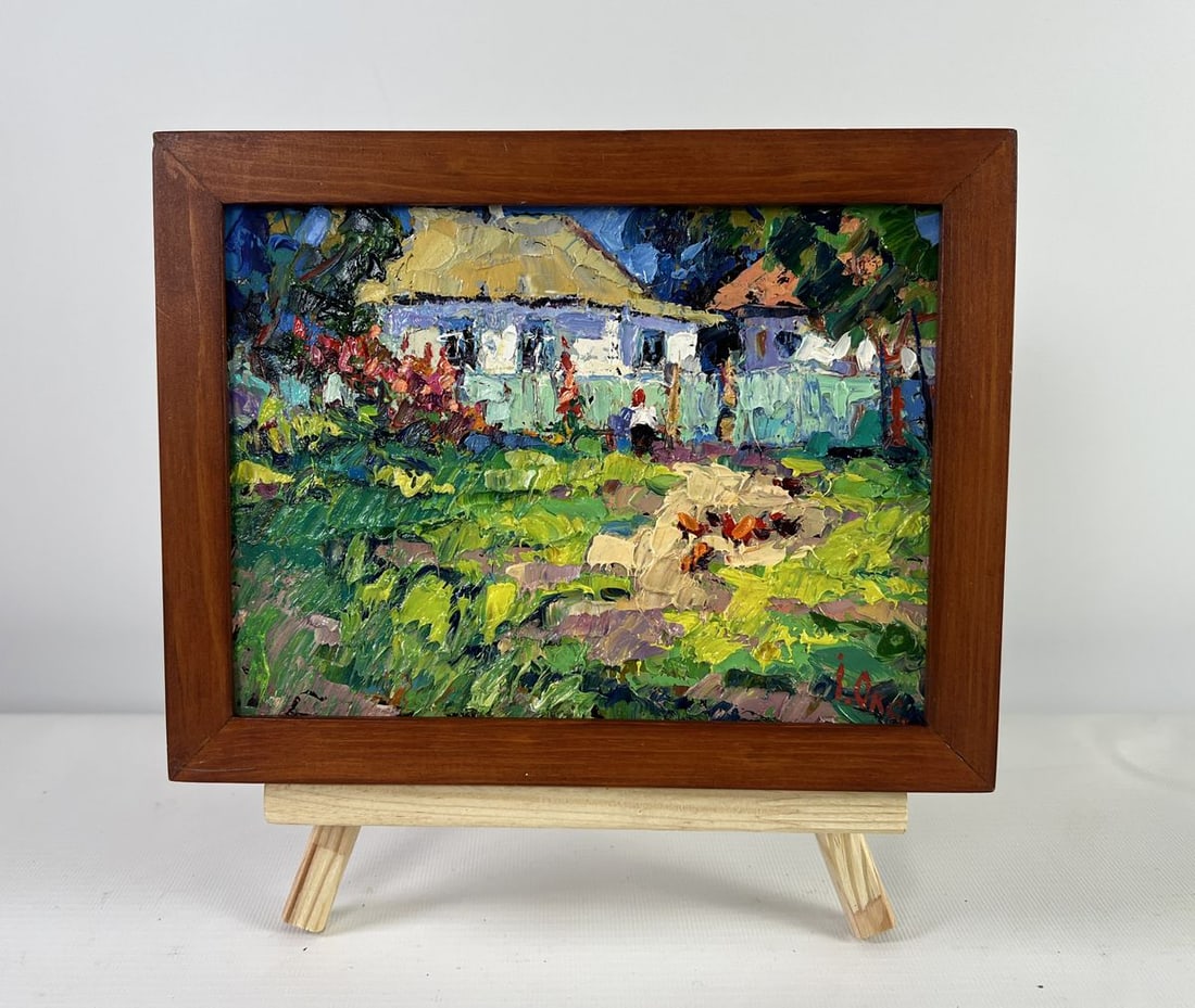 Oil painting House in the village Oksana Kalenyuk: Title : Oil painting House in the village Oksana Kalenyuk Description: No.AAA5145The oil painting on Cardboard titled "House in the Village" immerses the viewer in the warm and peaceful ambiance of ru