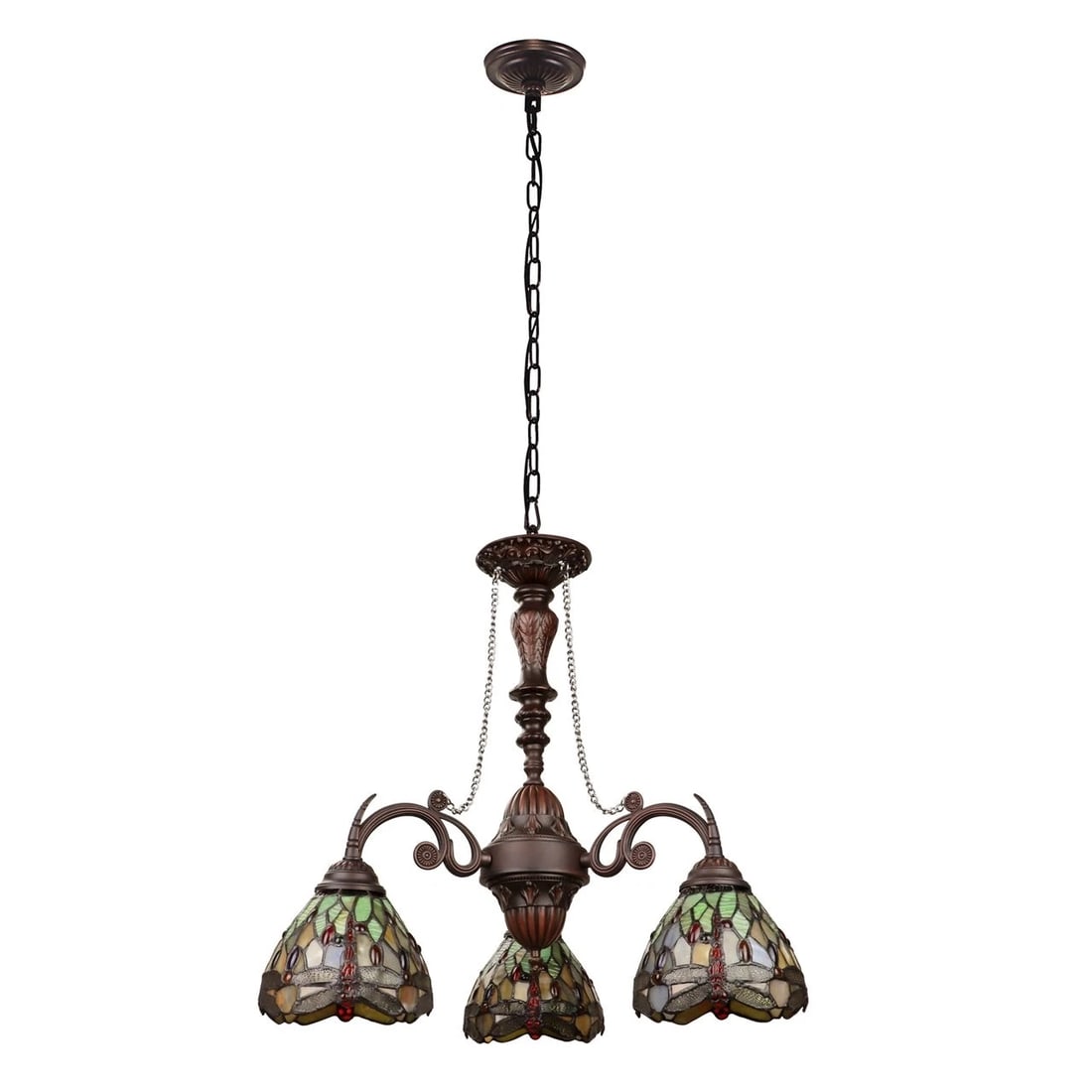 24" 3 Light Stained Glass Dragonfly Hanging Down Light Chandelier - 2