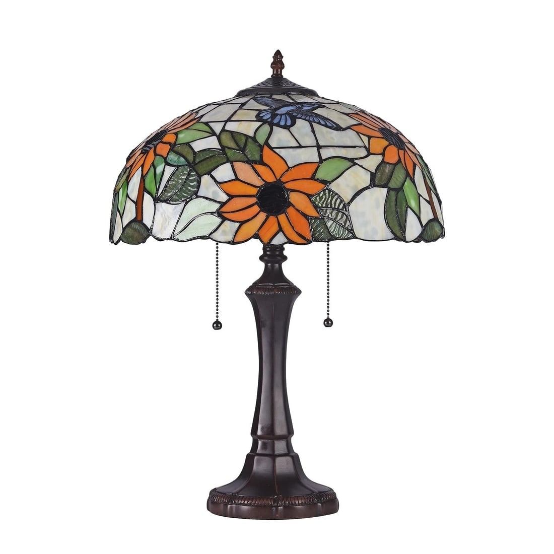 22.2" Tiffany-Style Sunflower Stained Glass Table Lamp: Tiffany-Style Reproduction Sunflower Stained Glass Table Lamp This Tiffany-style table lamp features a beautifully hand-crafted stained glass shade with warm sunflower motifs in amber, honey, and soft