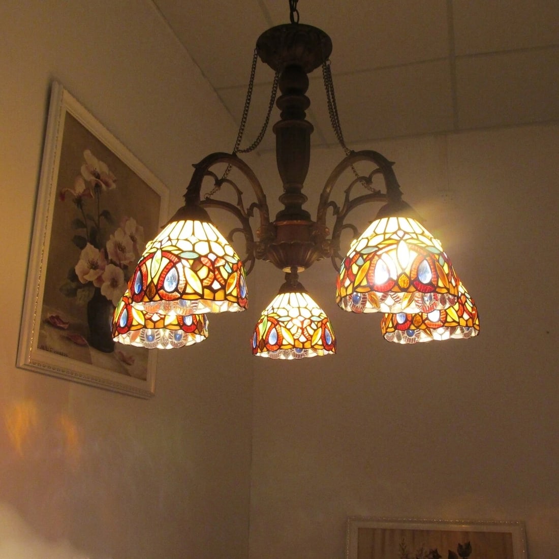 27" 5 Light Stained Glass Hanging Down Light Chandelier - 3