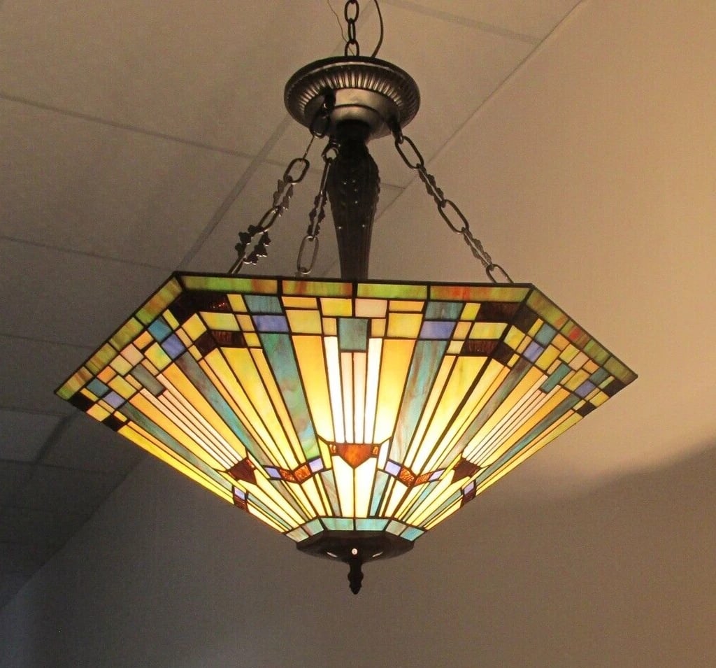 24.4" 3 Light Stained Glass Hanging inverted Pendant Ceiling Uplight - 4
