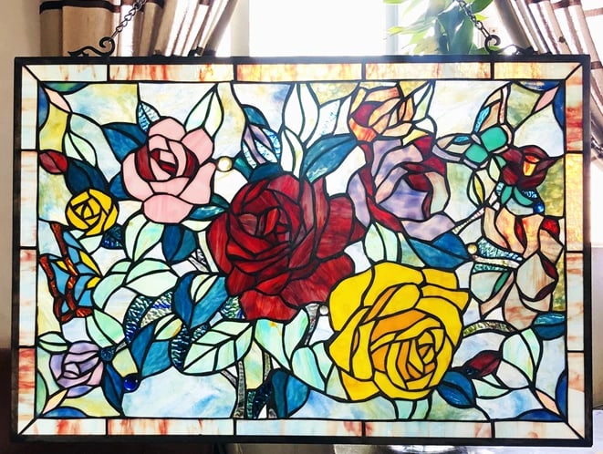 27" Stained Glass Window Hanging Panel Suncatcher: 27"x 19" Such a wonderful reproduction stained glass window panel. This panel is a true testament to the beauty and craftsmanship of stained glass art, and it is the perfect addition to any window in 