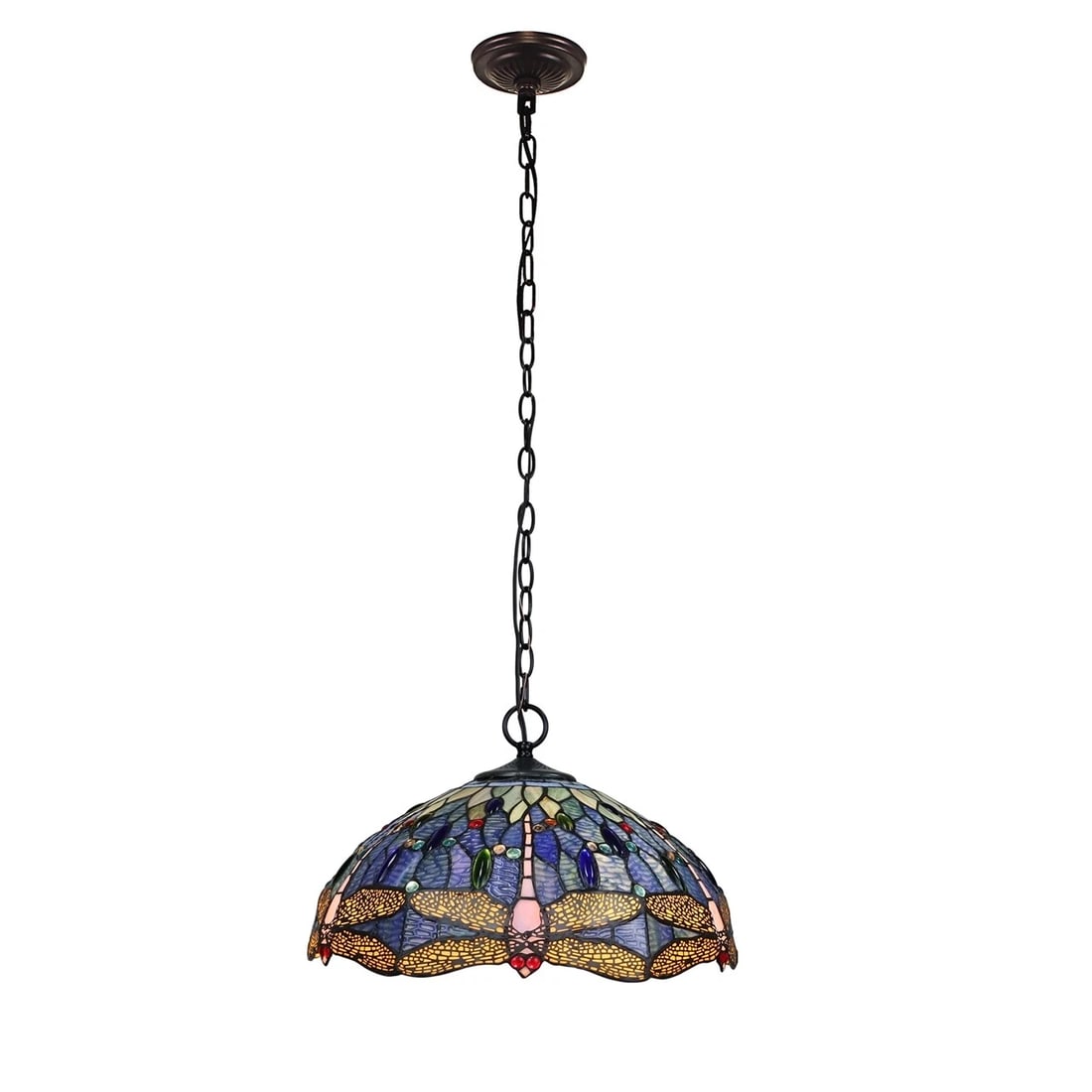 18" Stained Glass Blue Dragonfly Pendant Swag Ceiling Light: 3 socket 100w max each socket. LED recommended. 18" wide This stunning reproduction 18" stained glass dragonfly shade adds a touch of timeless beauty to any room. illuminate your home with style and