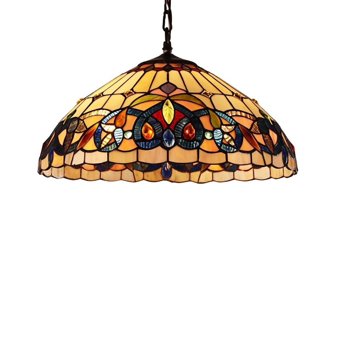 18.11 " Stained Glass Pendant Swag Ceiling Light: 2 socket 100w max each socket. LED recommended. 18.11" wide This stunning reproduction 18.11" stained glass shade adds a touch of timeless beauty to any room. illuminate your home with style and