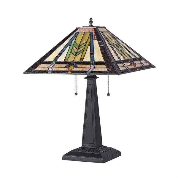 22.5" 2 Light Pull Chain Stained Glass Mission Table Lamp - 2