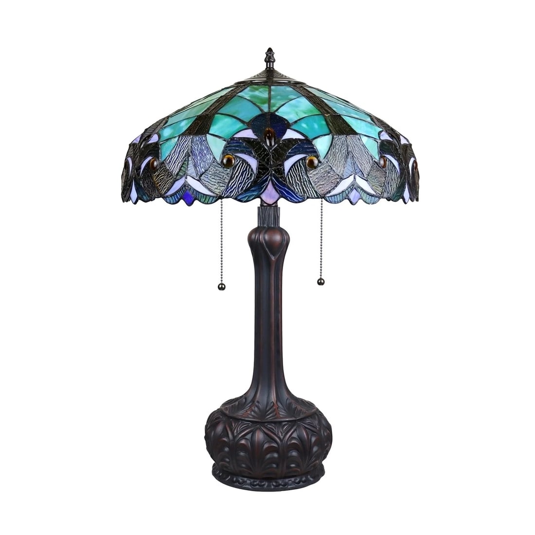 25.78" Stained Glass Table Lamp: 25.78" Tall x 17.5" wide a stunning reproduction stained glass table lamp, featuring an intricately designed base and two convenient pull chain switches. This lamp is a perfect addition to your bedroo