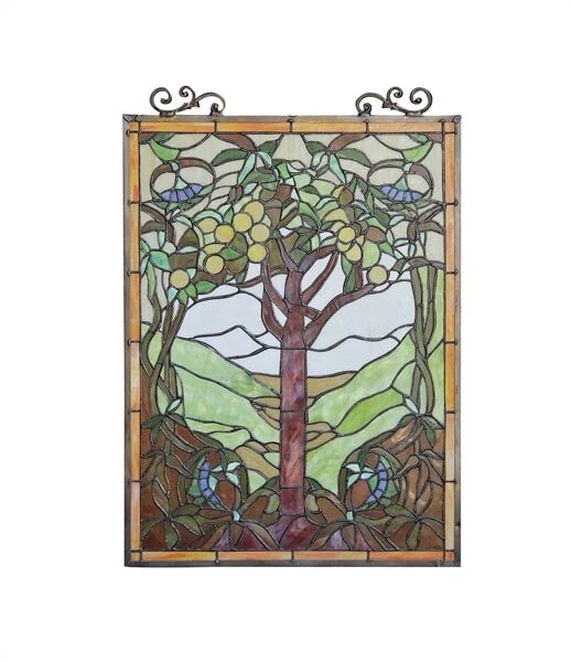 25" Stained Glass Fruit Tree Hanging Window Pane Suncatcher: 25.35" x 17.91 Such a wonderful reproduction stained glass window panel. This panel is a true testament to the beauty and craftsmanship of stained glass art, and it is the perfect addition to any