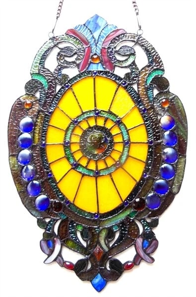 23" Stained Glass Window Panel Suncatcher W Glass Beads: Description 23" High x 15" Wide 33" max hanging height with chain A mesmerizing reproduction stained glass window panel meticulously handcrafted from pieces of hand cut stained art glass. Each individ