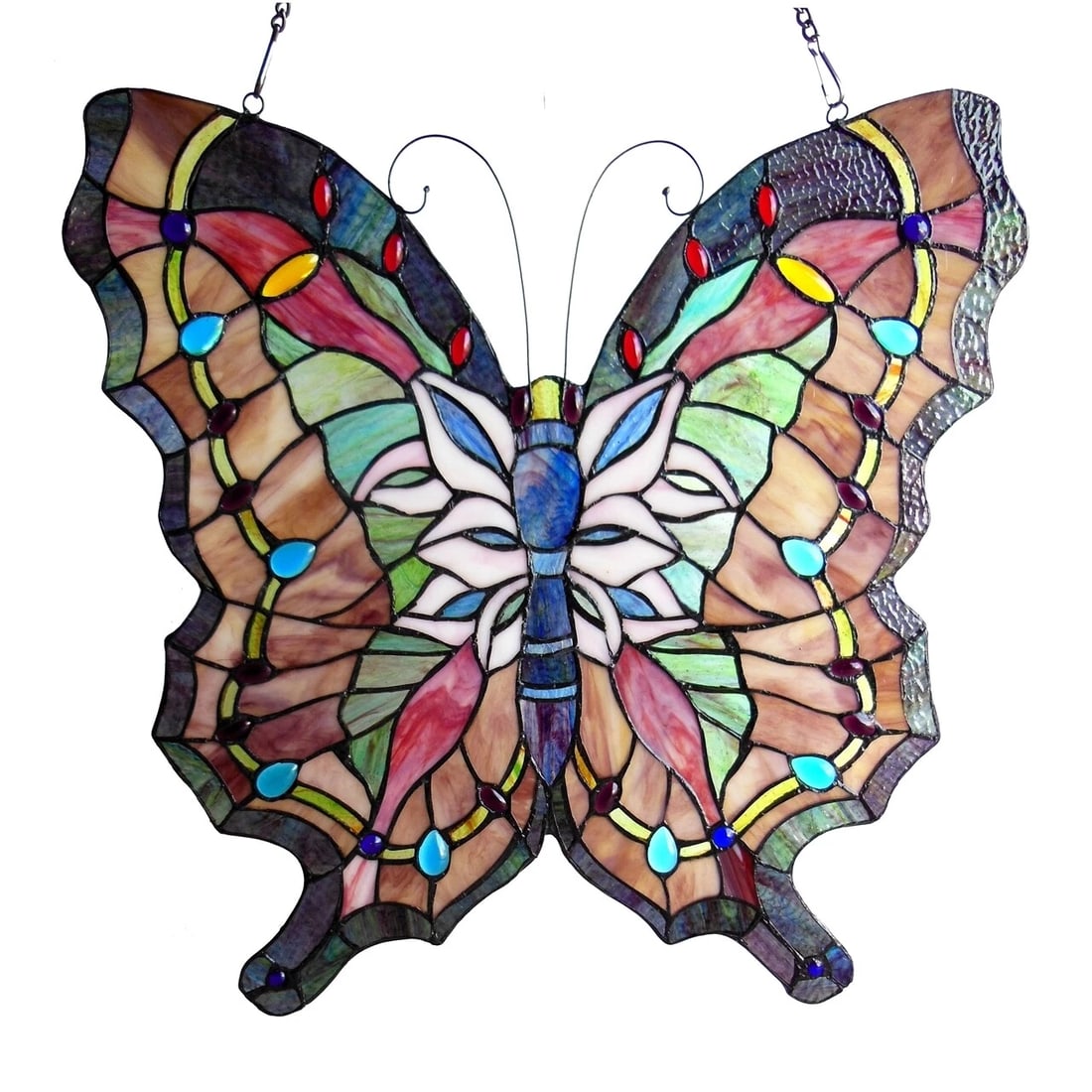 22 1/4" Blue Butterfly Stained Glass Window Hanging Panel Suncatcher: Description 22 1/4" Wide x 22 1/4" tall Great reproduction glass butterfly panel. This piece is hand made from individually cut pieces of glass. The technique used to make this window are the same