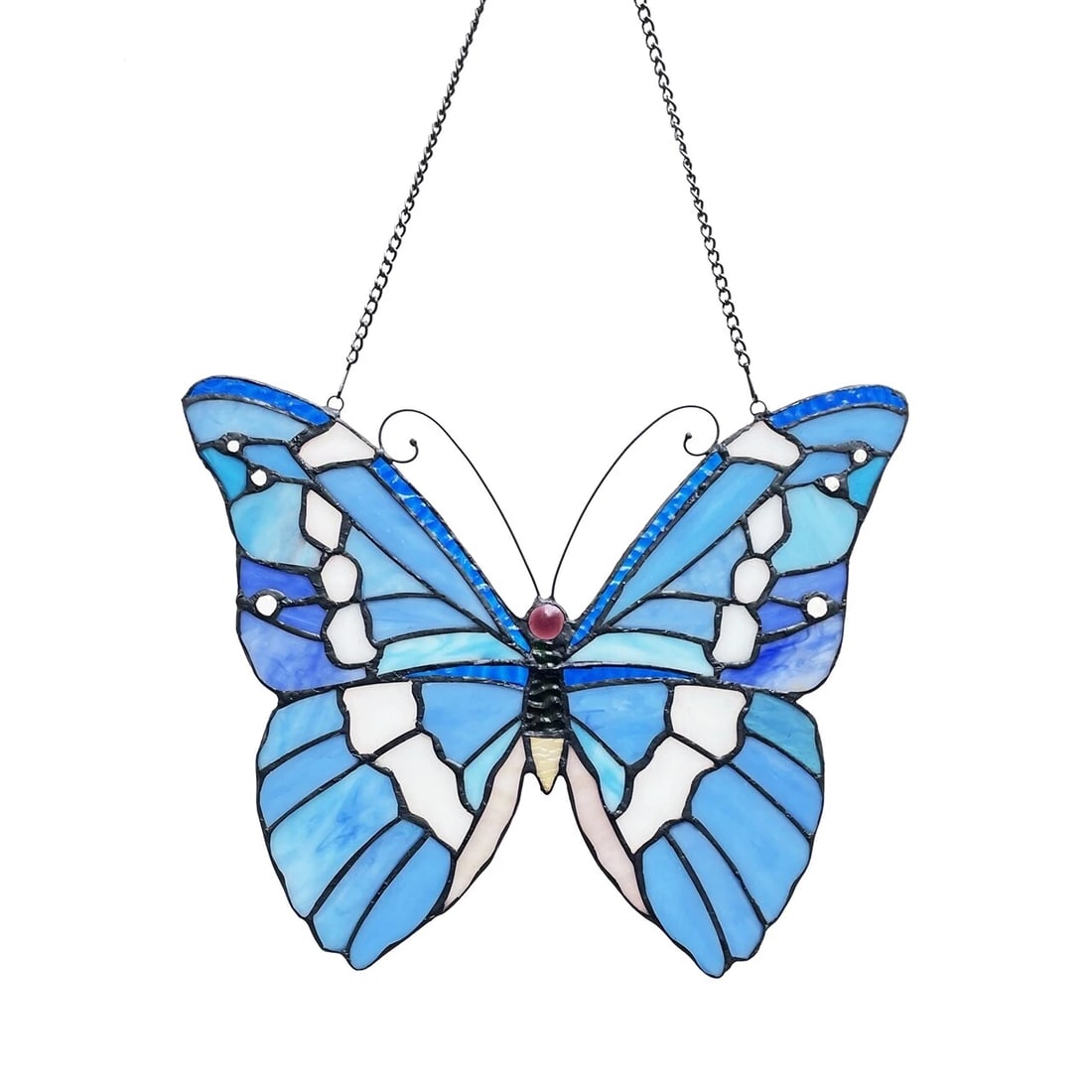 13 1/2" Blue Butterfly Stained Glass Window Hanging Panel Suncatcher: Description 13.5" Wide x 12" tall 21" Hanging height Great reproduction glass butterfly panel. This piece is hand made from individually cut pieces of glass. The technique used to make this window are
