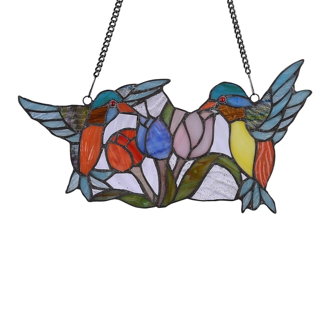 15.5 " Humming Bird Stained Glass Window Hanging Panel Suncatcher: Description 15.5" Wide x 8.3" tall Great reproduction glass panel with 2 opposing hummingbirds. This piece is hand made from individually cut pieces of glass. The techniques used to make this panel