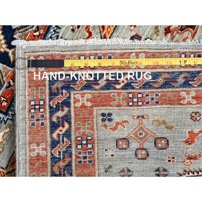 Blue Afghan Ersari with Caucasian Design Revival Hand Knotted Wool Rug - 7