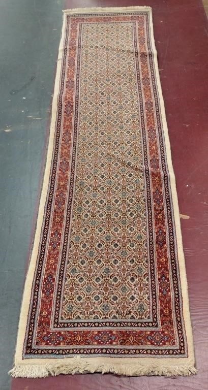 Hand Knotted Persian Moud 9.5x2.5ft: Title: Hand Knotted Persian Moud 9.5x2.5ft Description:Hand Knotted Persian Moud 9.5x2.5ft Size: 9.5x2.5ft Circa:1980 Origin: Material:101 %Wool Reserve: $200.00 Shipping: Domestic: Flat-rate of