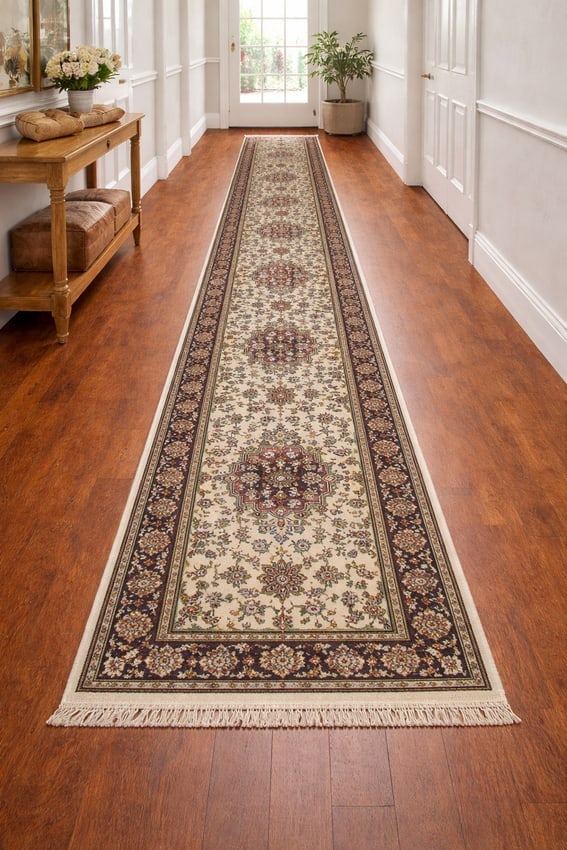 Cream Floral 3X19 Heriz Serapi Oriental Runner Rug - 2
