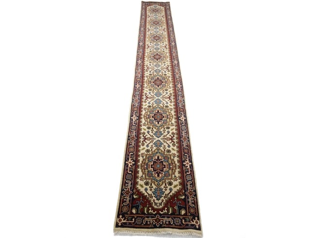 Cream Floral 3X19 Heriz Serapi Oriental Runner Rug - 3