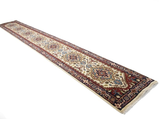 Cream Floral 3X19 Heriz Serapi Oriental Runner Rug - 4