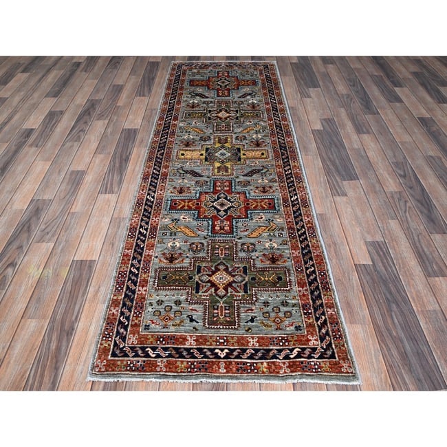 Blue Afghan Ersari Caucasian Design Revival Hand Knotted Soft Wool Rug - 2