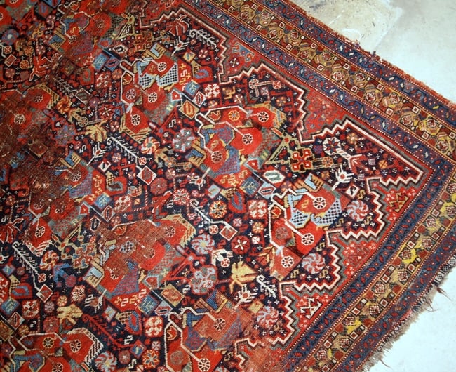 Handmade antique collectible Persian Khamseh rug 4.9' x 6.4' ( 149cm x 195cm ) 1840s - 2