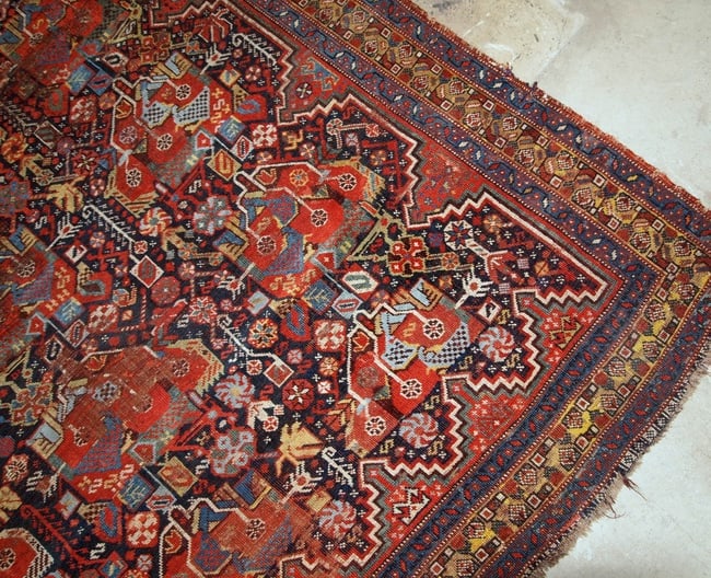 Handmade antique collectible Persian Khamseh rug 4.9' x 6.4' ( 149cm x 195cm ) 1840s - 3