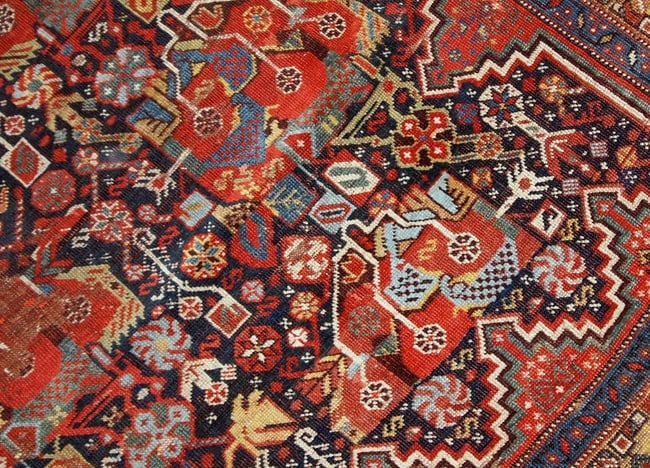 Handmade antique collectible Persian Khamseh rug 4.9' x 6.4' ( 149cm x 195cm ) 1840s - 4