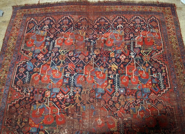 Handmade antique collectible Persian Khamseh rug 4.9' x 6.4' ( 149cm x 195cm ) 1840s - 6