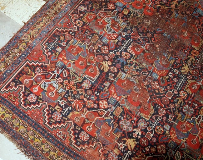 Handmade antique collectible Persian Khamseh rug 4.9' x 6.4' ( 149cm x 195cm ) 1840s - 8