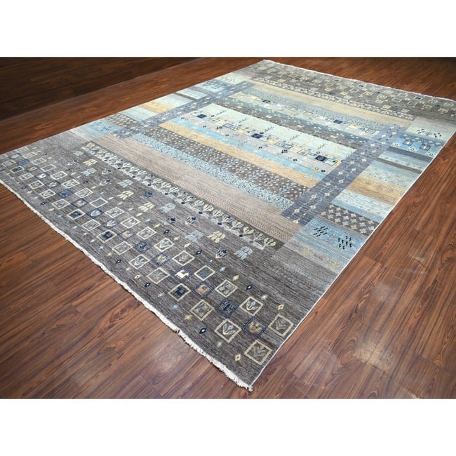 Goose Gray, Karajeh Design, Pure Wool, Hand Knotted Round Rug - 3