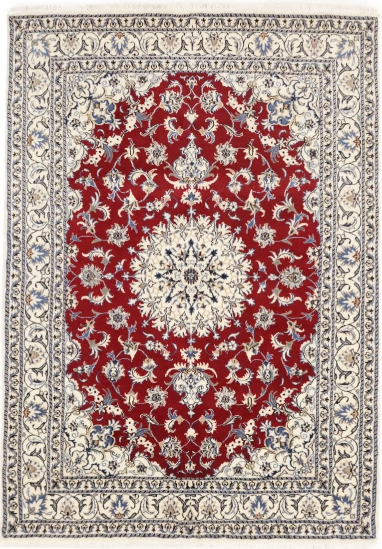 Red Vintage Classic 6X8 Traditional Nain Tabas Persian Oriental Rug: Title:Red Vintage Classic 6X8 Traditional Nain Tabas Persian Oriental Rug Description:Hand Knotted semi antique 6X8 red classic Persian rug made with vegetable dyes (fine wool pile and cotton