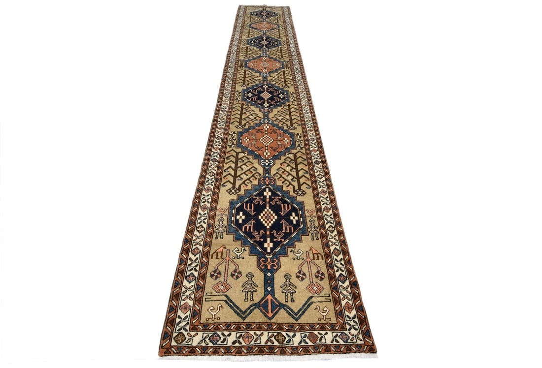 Vintage Beige Geometric 3X18 Ardebil Persian Runner Rug - 3