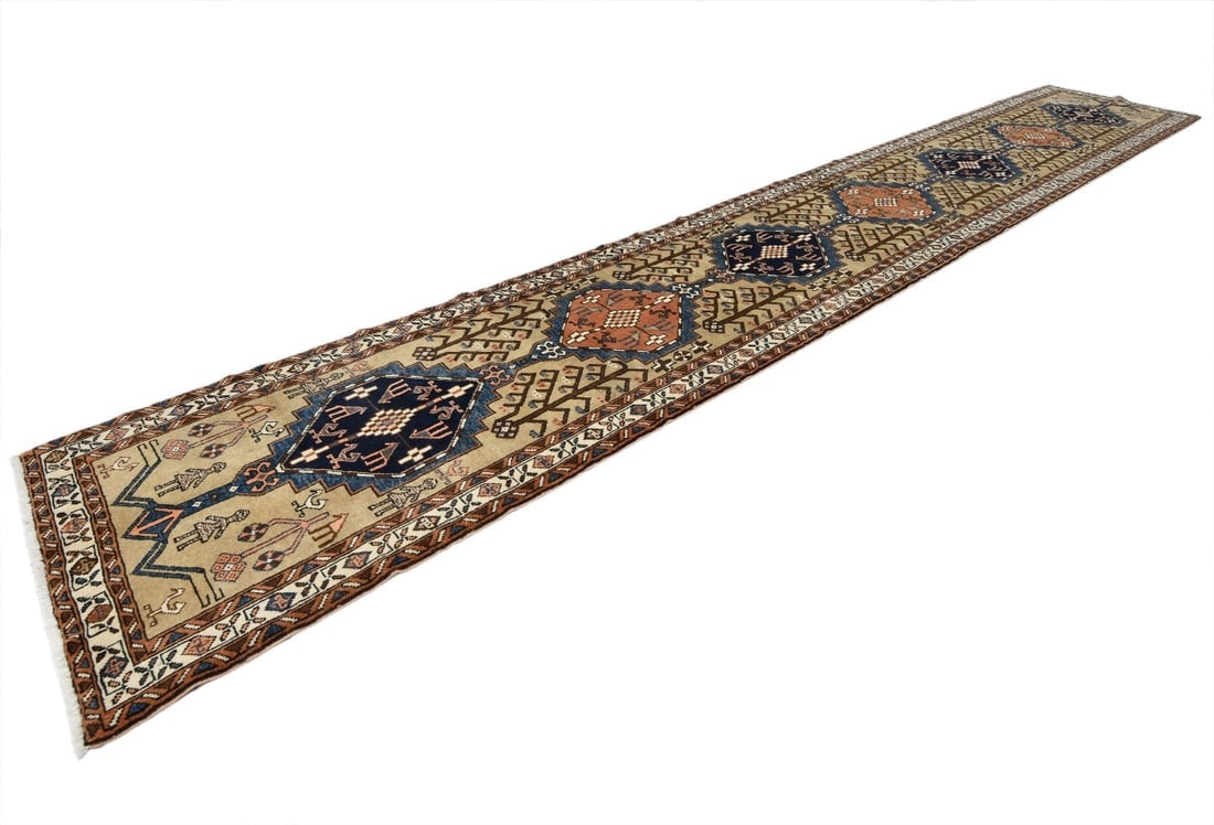 Vintage Beige Geometric 3X18 Ardebil Persian Runner Rug - 4