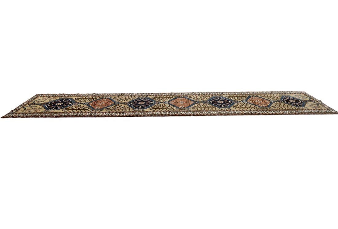 Vintage Beige Geometric 3X18 Ardebil Persian Runner Rug - 5