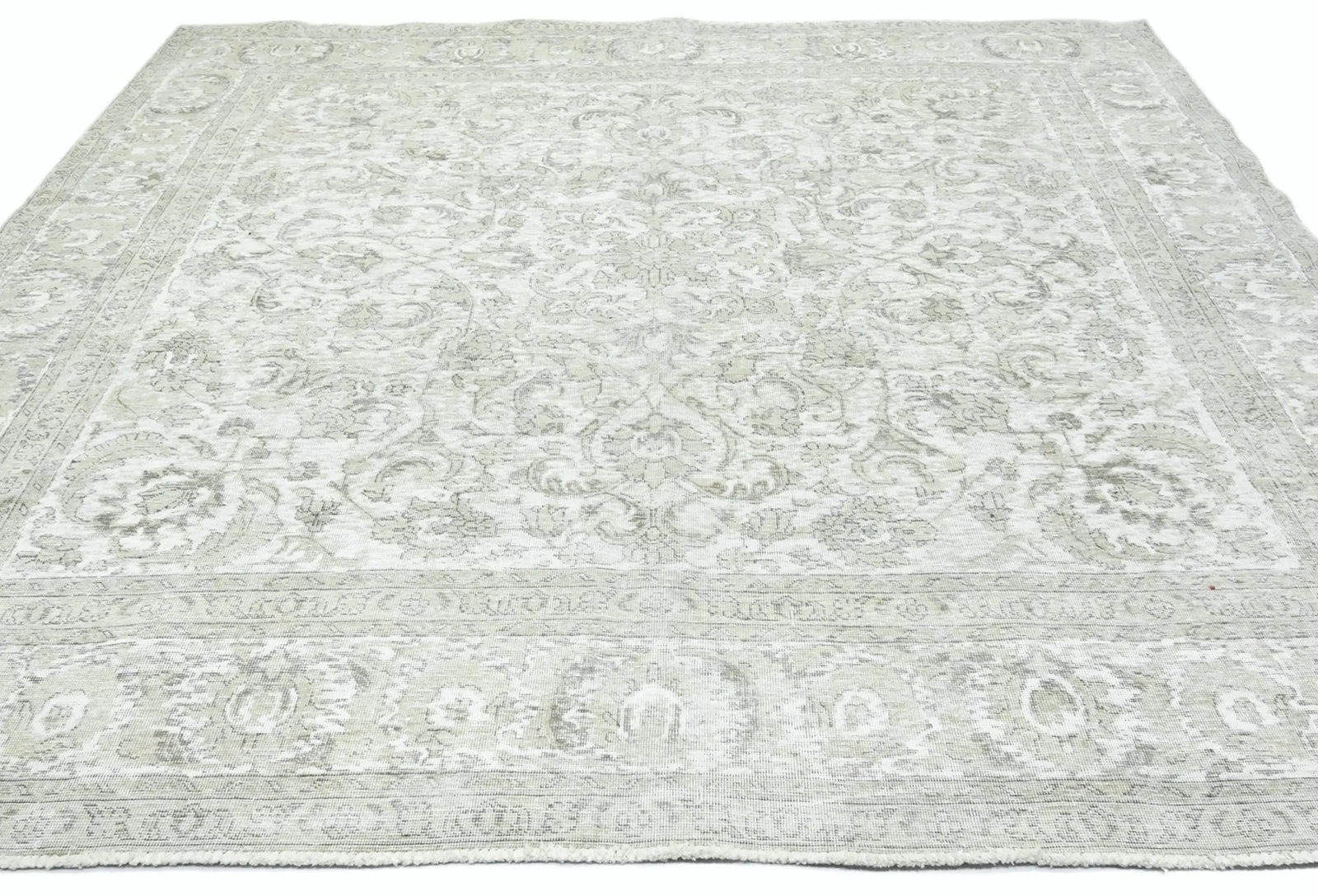 Antique Muted Cream Floral 9'3X9'8 Distressed Vintage Oriental Rug - 3