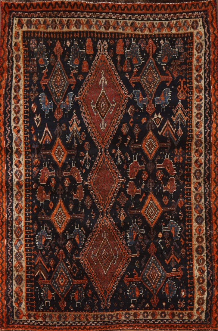 Vegetable Dye Qashqai Antique Persian Rug 4x6: Title: Vegetable Dye Qashqai Antique Persian Rug 4x6 Description:A Beautiful Genuine Iran ( Persia ) Qashqai rug is Hand Knotted by skillful weavers in Iran ( Persia ) with100% Wool Material. This rug