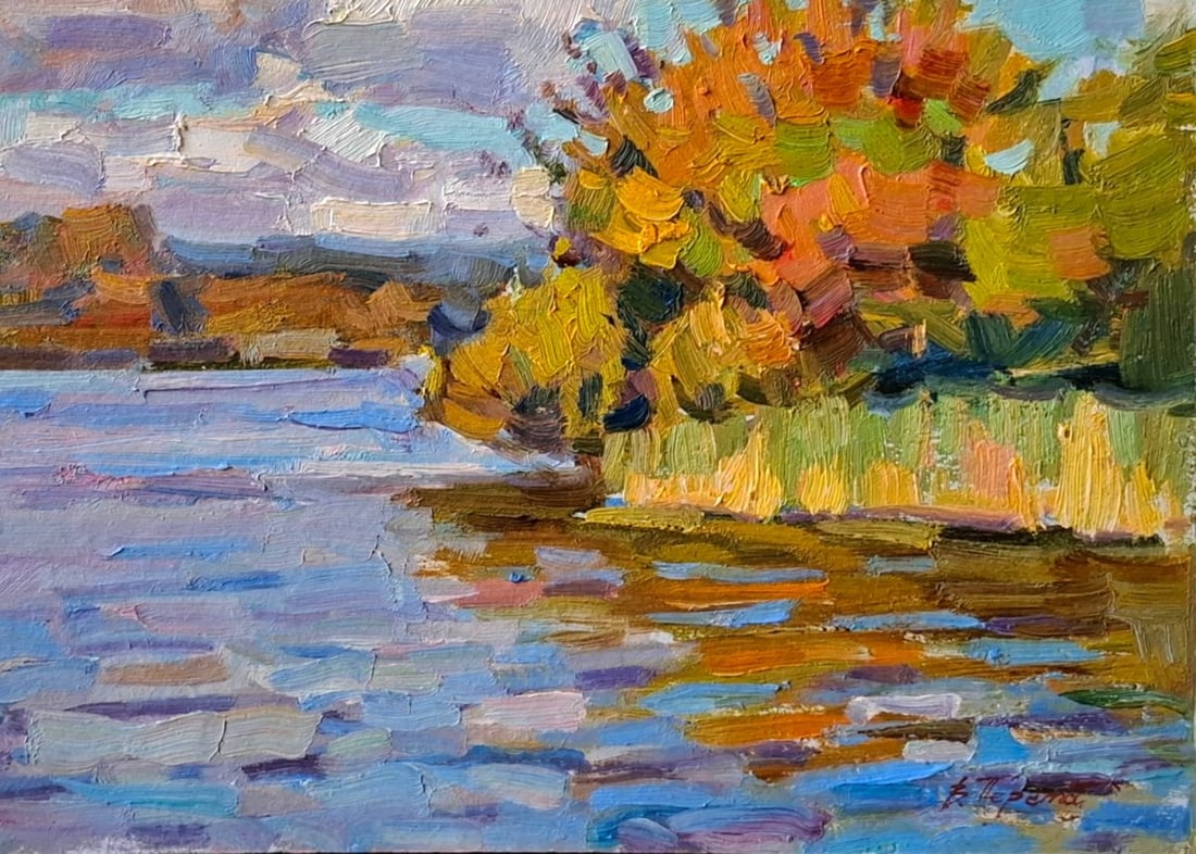 Oil painting Autumn river bank Vyacheslav Pereta - 5