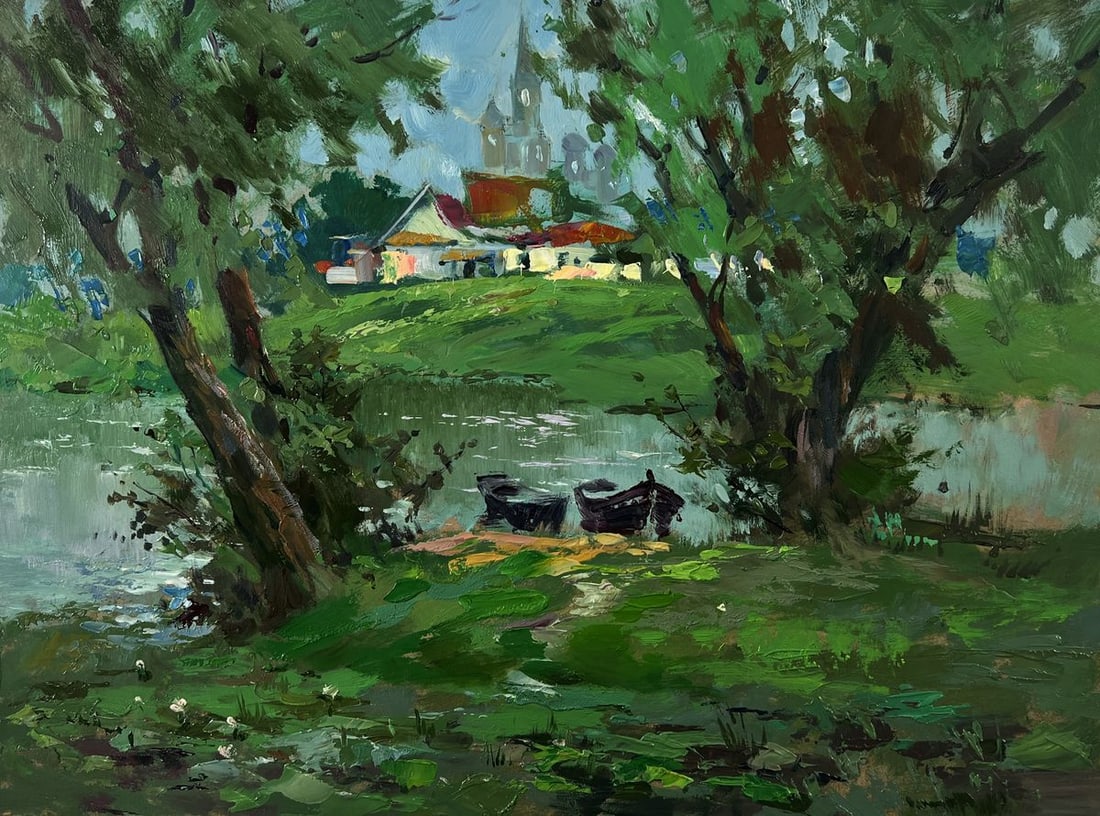 Oil painting Village river with two boats Yuriy Suprunchuk - 3