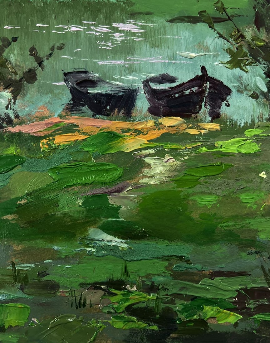 Oil painting Village river with two boats Yuriy Suprunchuk - 8