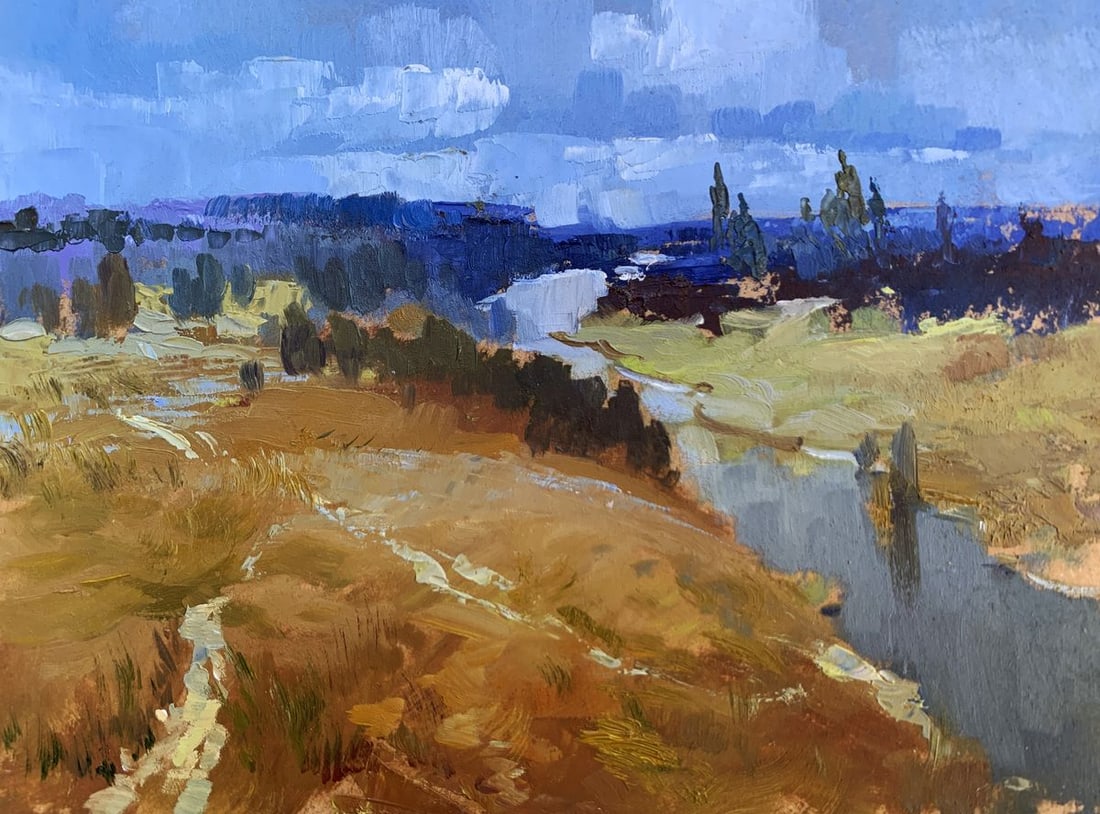 Oil painting The river flows into the distance Yuriy Suprunchuk: Title : Oil painting The river flows into the distance Yuriy Suprunchuk Description: No.AAA3637The painting "The River Flows Into the Distance" captures the serene beauty of a winding river cutting th