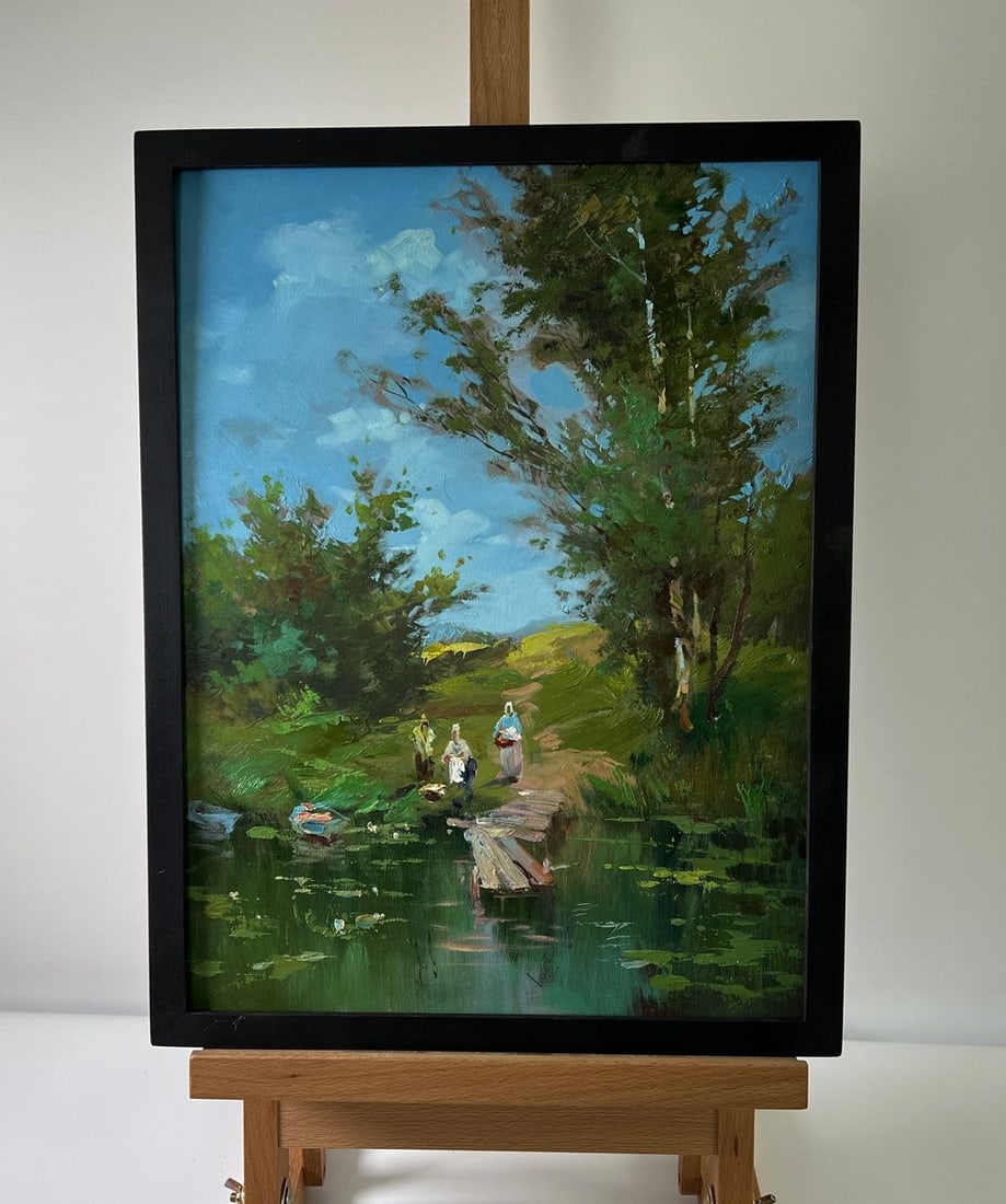 Oil painting At the village shore Yuriy Suprunchuk: Title : Oil painting At the village shore Yuriy Suprunchuk Description: No.AAA5669The Oil painting Cardboard titled At the Village Shore" is a vivid and poetic representation of rural life, evoking a