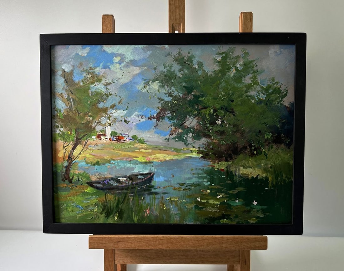 Oil painting River near the village Yuriy Suprunchuk: Title : Oil painting River near the village Yuriy Suprunchuk Description: No.AAA5684The Oil painting Cardboard titled "River near the village" captures a tranquil and timeless scene where nature and r
