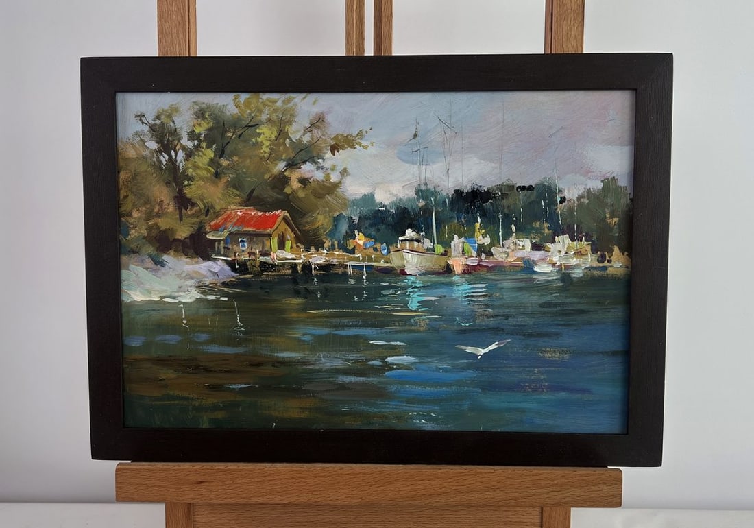 Oil painting Small yacht club Yuriy Suprunchuk: Title : Oil painting Small yacht club Yuriy Suprunchuk Description: No.AAA4956The oil painting on cardboard titled "Small Yacht Club" immerses the viewer in a peaceful waterfront scene, where nature a