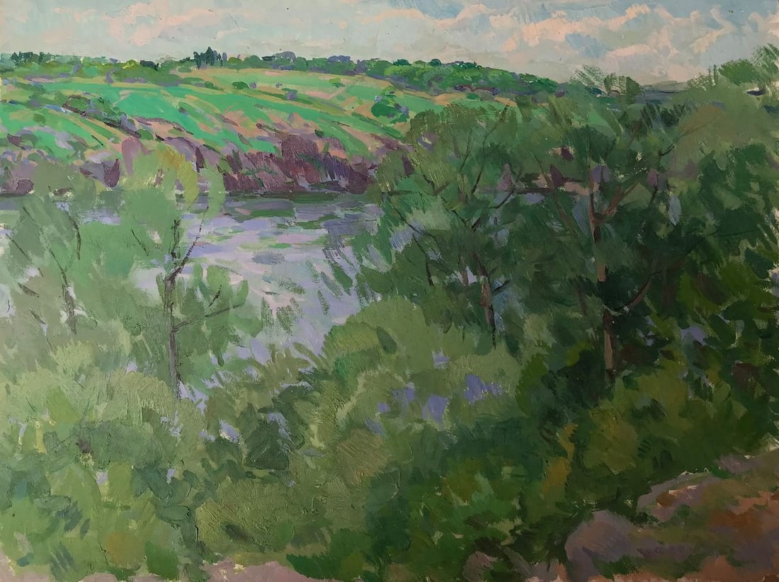Oil painting Summer day Peter Tovpev: Title : Oil painting Summer day Peter Tovpev Description: No.AAA2317 This beautiful oil painting captures the essence of summertime. The scene features a lovely river, with high banks and trees on