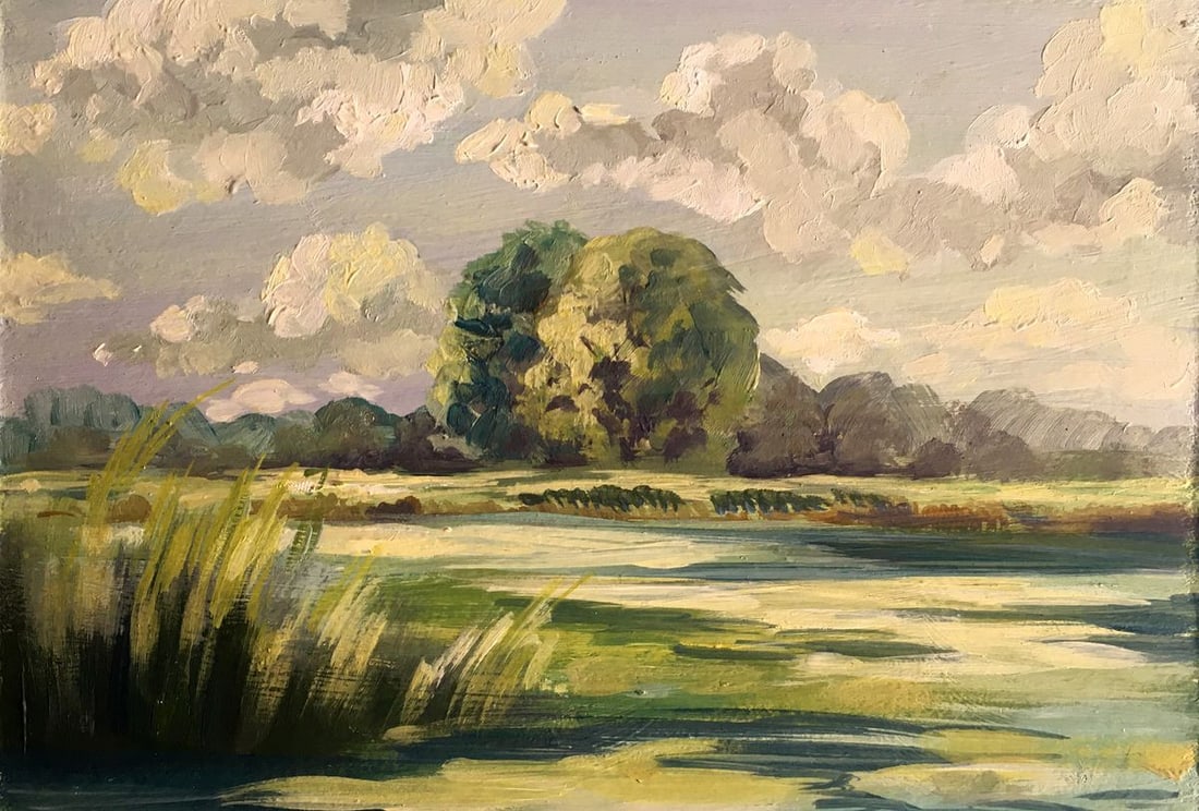Oil painting Rest by the river Svetlana Gramm: Title : Oil painting Rest by the river Svetlana Gramm Description: No.AAA2628 This oil painting depicts a tranquil and serene morning scene with a stunning natural landscape. In the background, wispy