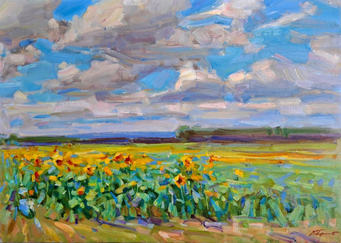 Oil painting Sunflower field Vyacheslav Pereta: Title : Oil painting Sunflower field Vyacheslav Pereta Description: NoTep 176Oil painting Sunflower Field Vyacheslav Pereta is a radiant and expressive landscape that captures the endless beauty of bl